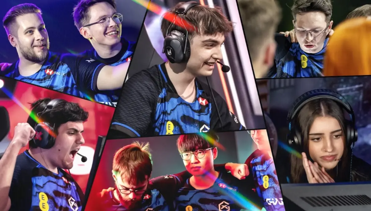 Collage of GIANTX esports players wearing headsets, celebrating, and focusing during matches.