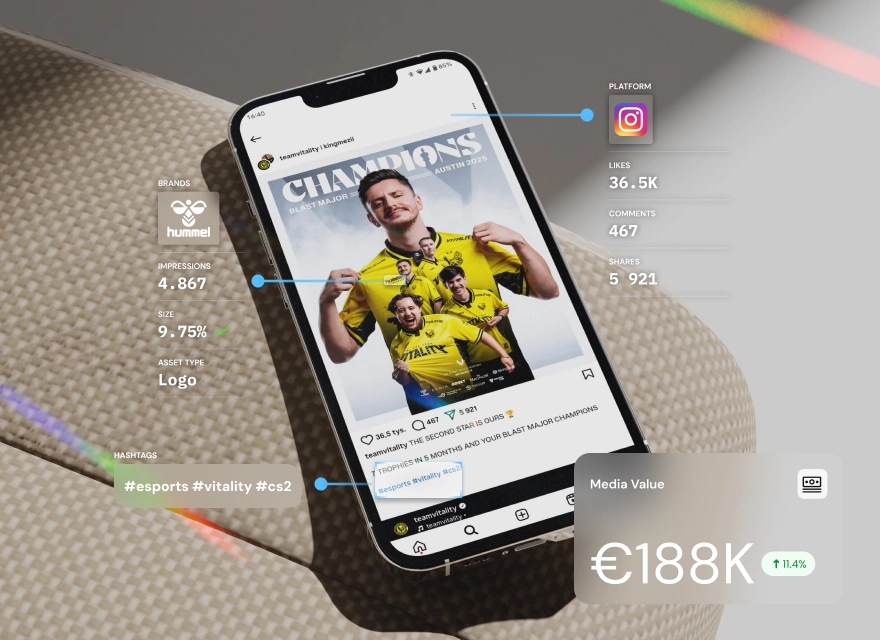 Team Vitality Instagram post with Hummel logo detection, engagement figures, hashtags and media value