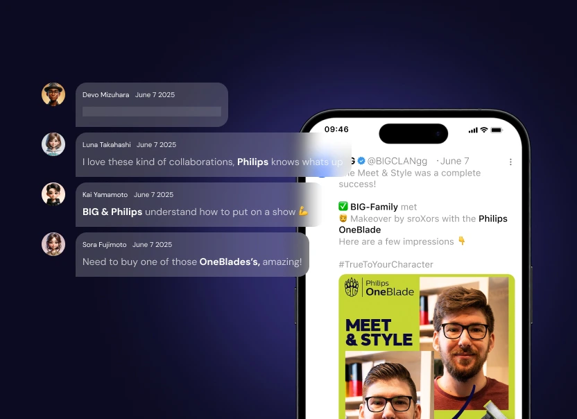 Social post about BIG and Philips OneBlade with audience comments that mention the sponsor