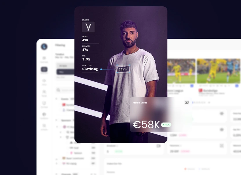 Logo detected on a T-shirt, tagged as clothing with views, duration and screen size, plus a €58K media value card