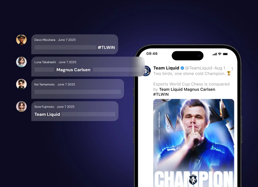 Keyword tracking of #TLWIN, Magnus Carlsen and Team Liquid in social comments beside a Team Liquid post