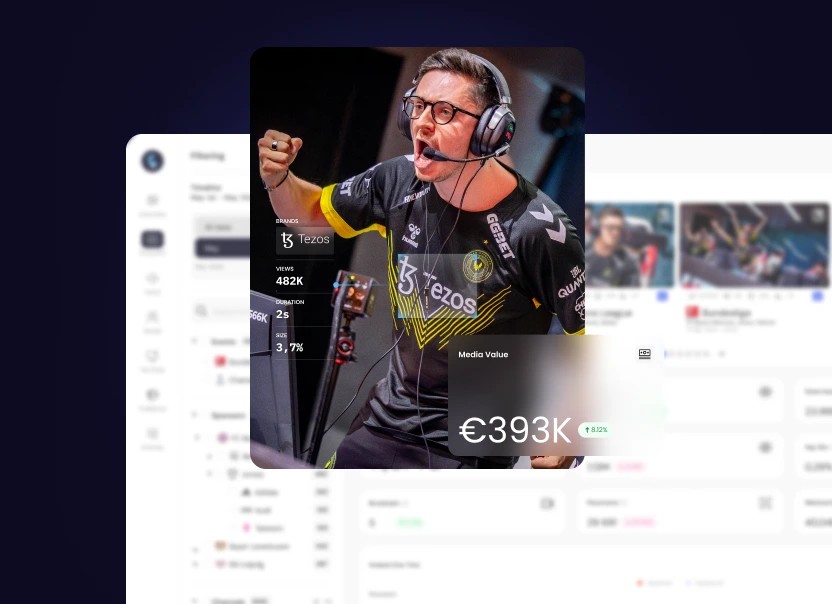 Tezos jersey sponsor logo detected on an esports player, with views, duration, size and a €393K media value card