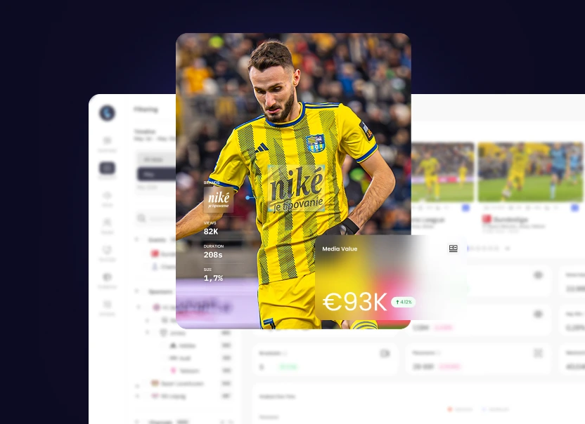 Football broadcast frame with a detected shirt sponsor logo, views, duration and a €93K media value over a dashboard