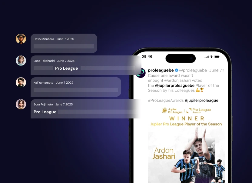 Keyword tracking of Pro League mentions in social comments beside a Jupiler Pro League award post on a phone