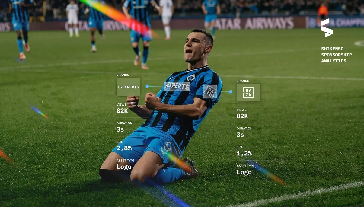 TV screen showing football player celebrating with brand metrics and €321K value.