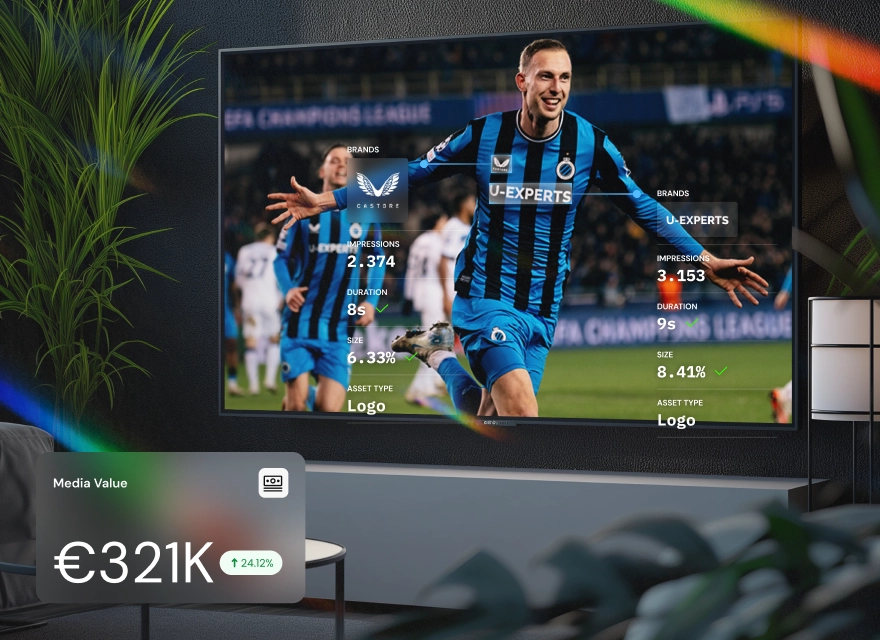 TV screen showing football player celebrating with brand metrics and €321K value.