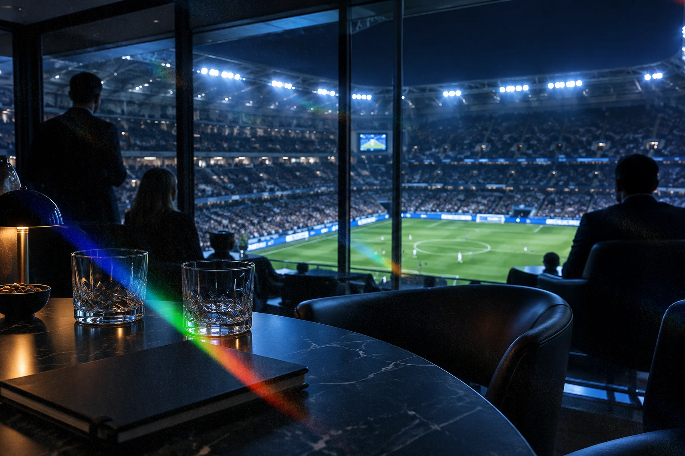 Guests in a dark stadium hospitality box watch a floodlit football match, with LED advertising boards glowing along the touchline.
