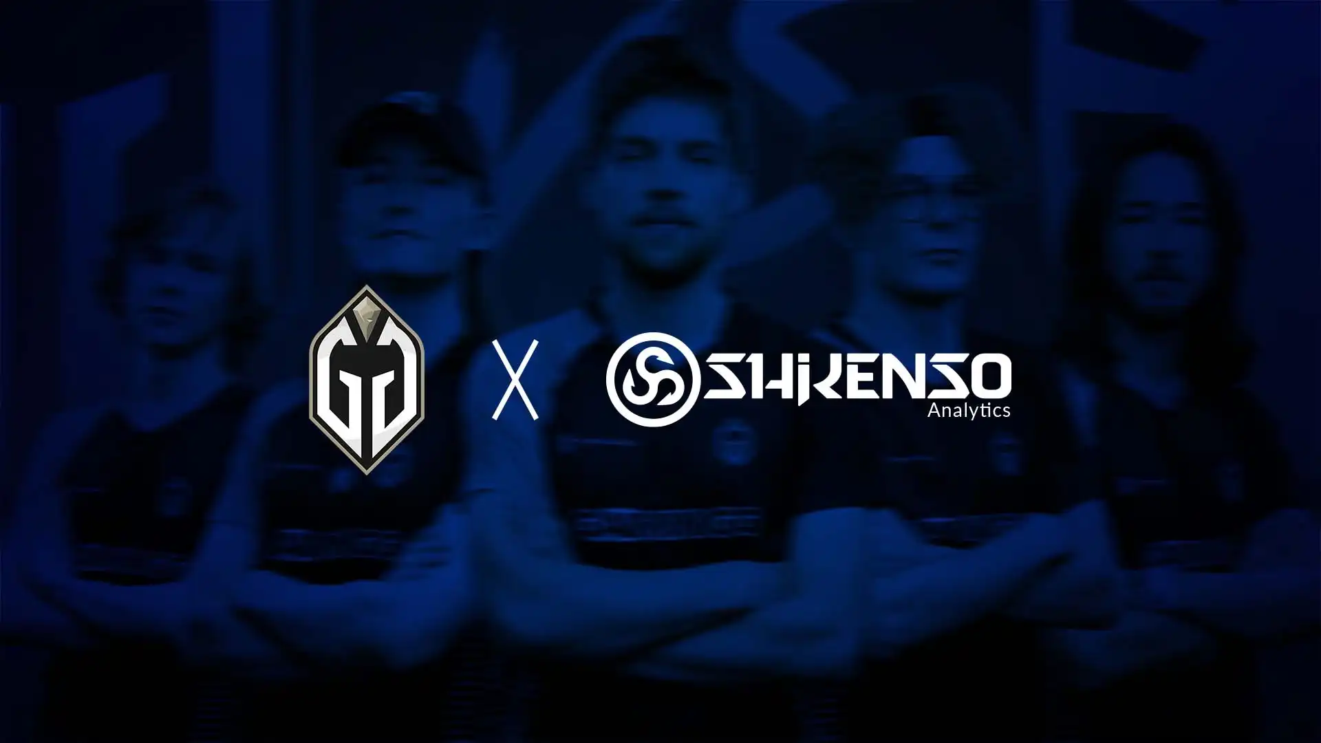 Partnership graphic showing the GAIMIN Gladiators logo on the left and the Shikenso Analytics logo on the right, separated by an 'x'. In the background, a dark blue image of four esports players standing with arms crossed.