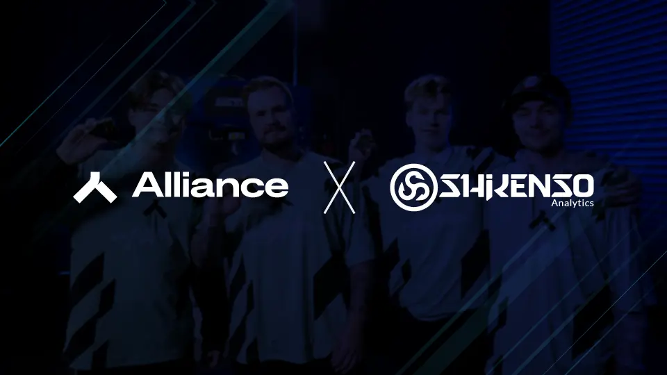 Alliance esports team partnership announcement with Shikenso Analytics, featuring team members in jerseys and both company logos, highlighting collaboration on data analytics and sponsorship performance insights in competitive gaming.