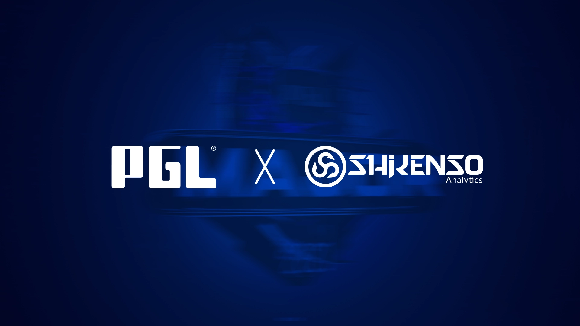 Partnership graphic featuring the PGL logo on the left and the Shikenso Analytics logo on the right, separated by an 'x', displayed on a dark blue background with a faint blurred stage design.