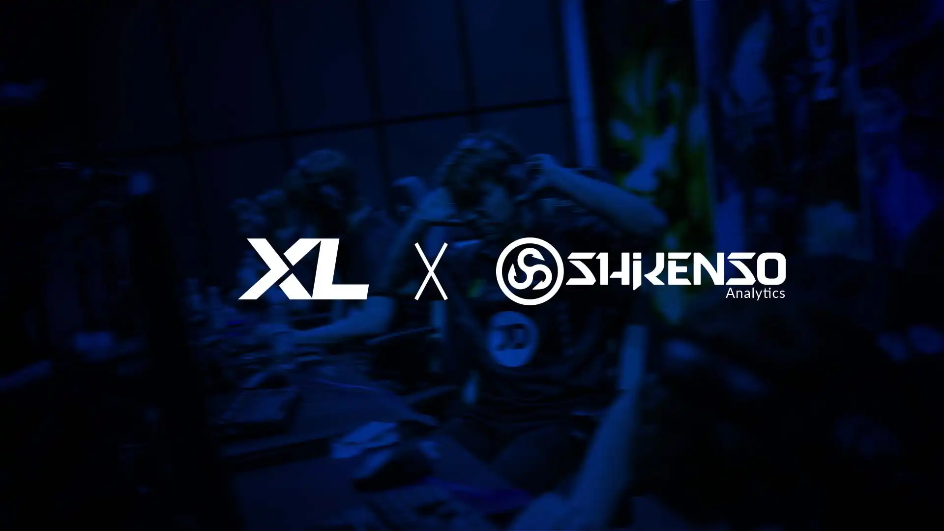 Partnership graphic showing the XL Esports logo on the left and the Shikenso Analytics logo on the right, separated by an 'x', over a dark blue background image of players competing on stage.