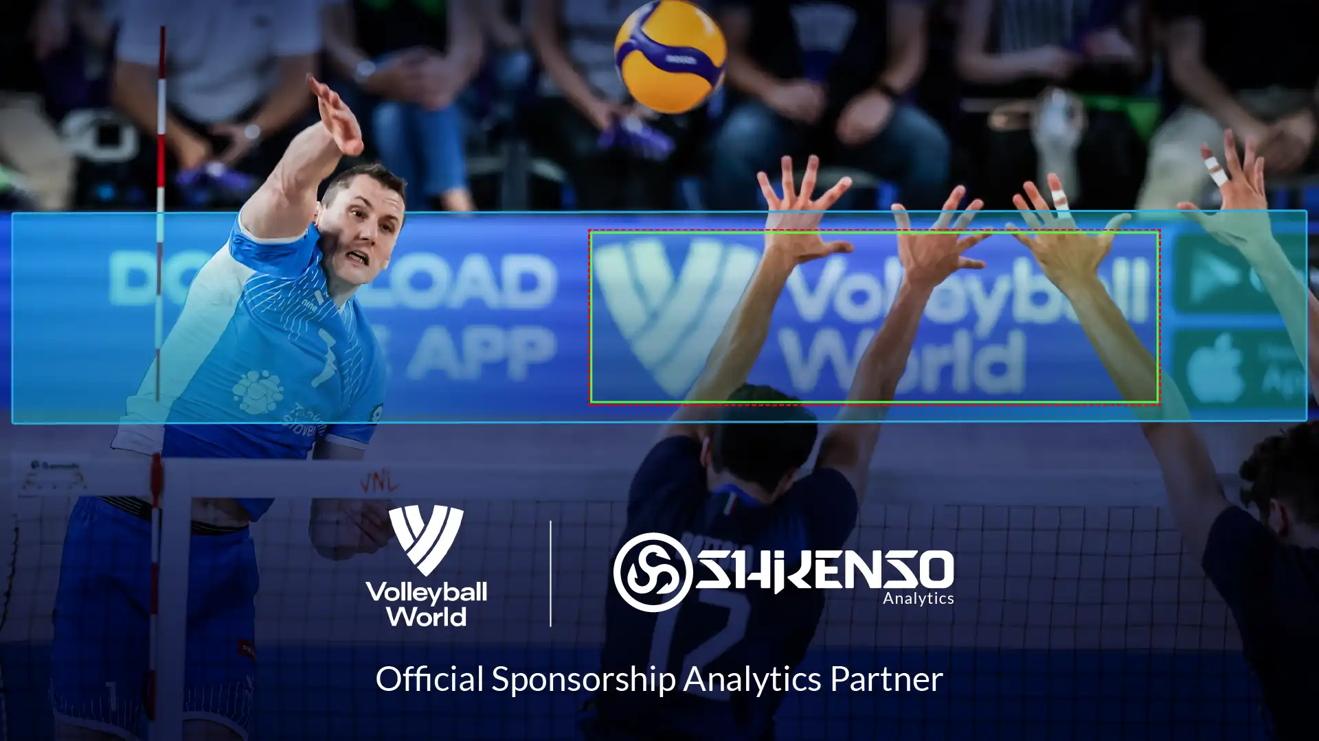 Volleyball World and Shikenso Analytics partnership announcement featuring an indoor volleyball match with a player spiking the ball, representing data-driven sponsorship analytics in professional volleyball.