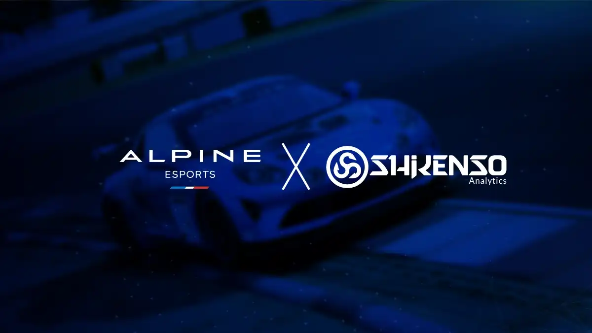 Graphic showing a racing car blurred in motion on a track, with the logos of Alpine Esports and Shikenso Analytics centered in the image. The design highlights the partnership between Alpine Esports and Shikenso Analytics, focusing on data-driven insights in competitive racing esports.
