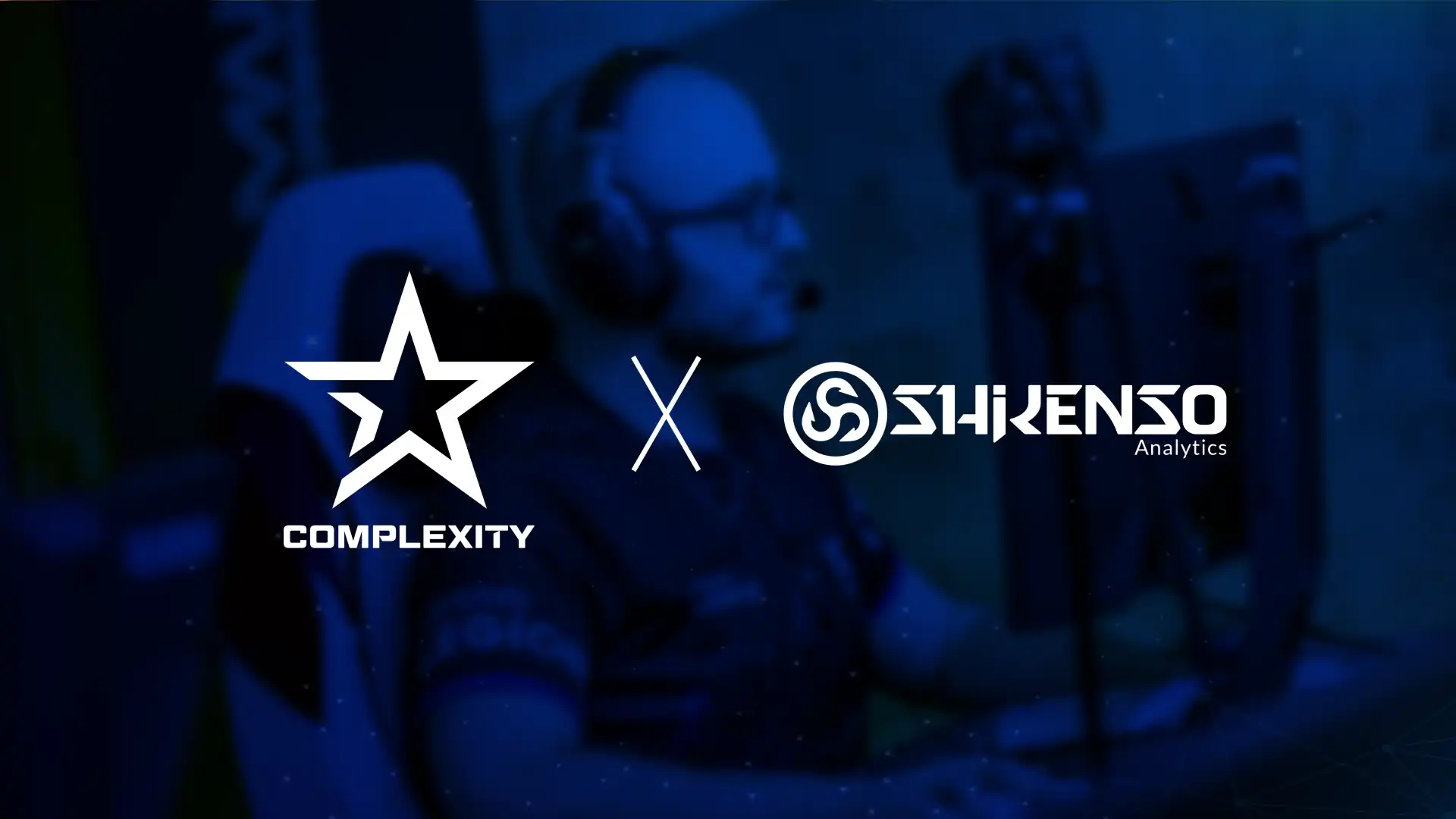 Complexity Gaming and Shikenso Analytics logos on a dark blue esports background showing a player at a computer.