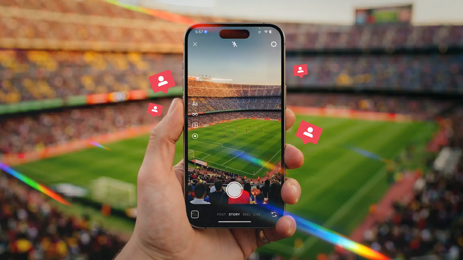 Fan filming a World Cup match on Instagram at a stadium, surrounded by follower notification icons, illustrating national team follower growth.