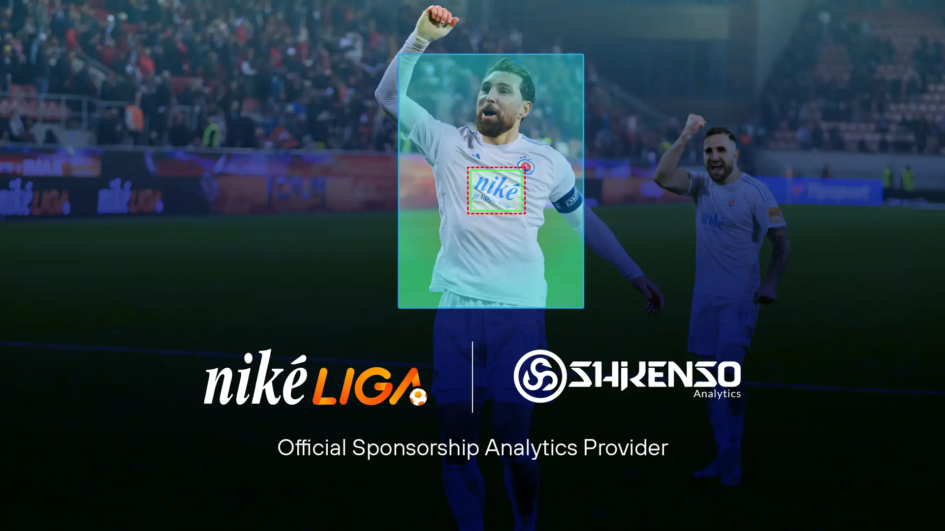 Football player celebrating on the field wearing a white jersey with the Niké logo, alongside text showing the Niké Liga and Shikenso Analytics partnership as the official sponsorship analytics provider.