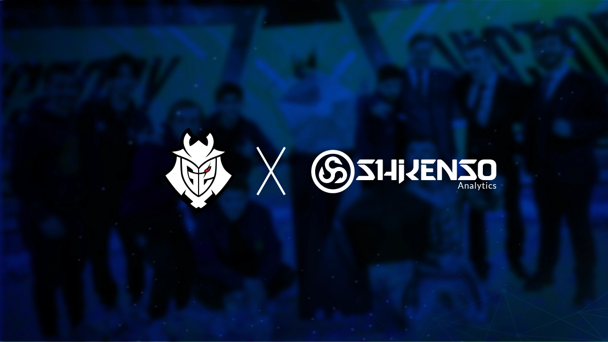 G2 Esports and Shikenso Analytics logos displayed on a dark blue background with a blurred team photo, symbolizing their partnership in data-driven esports insights.