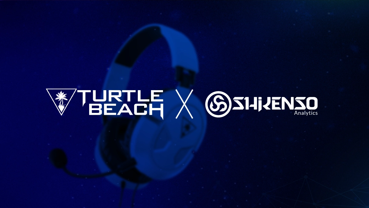 Partnership graphic featuring Turtle Beach and Shikenso Analytics logos, separated by an “X”, with a gaming headset in the background on a dark blue backdrop.