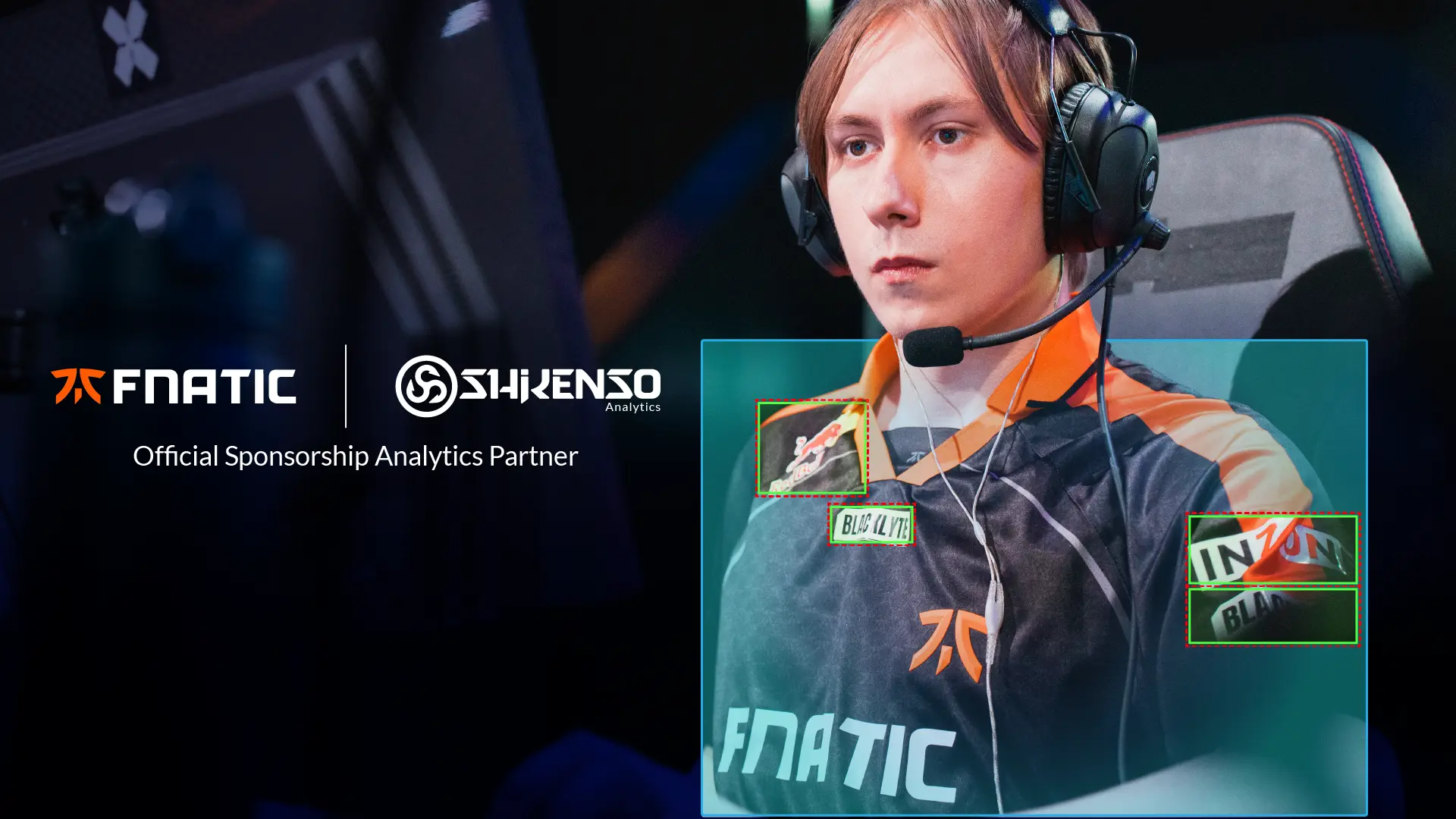 Fnatic esports player wearing a team jersey during a match, with logos of Fnatic and Shikenso Analytics and the caption ‘Official Sponsorship Analytics Partner’, showcasing their collaboration on AI-powered sponsorship performance tracking.