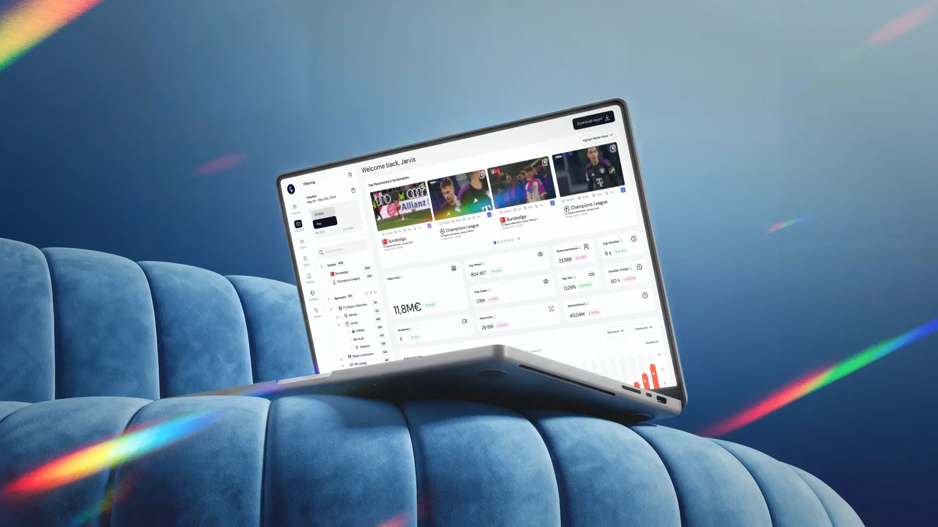 Laptop displaying a sponsorship analytics dashboard with performance metrics and media value showing how sponsorship KPIs are tracked and analysed in real time