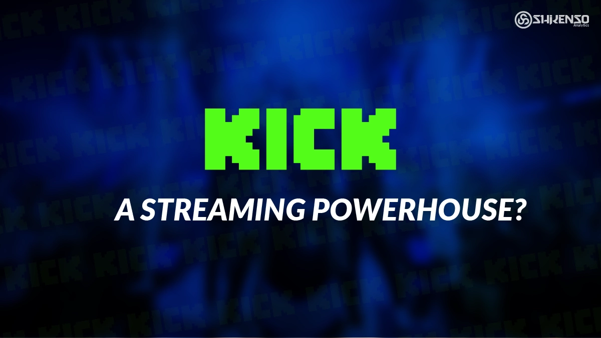 Kick streaming platform graphic with bright green logo and the caption ‘A Streaming Powerhouse?’ on a blue background.