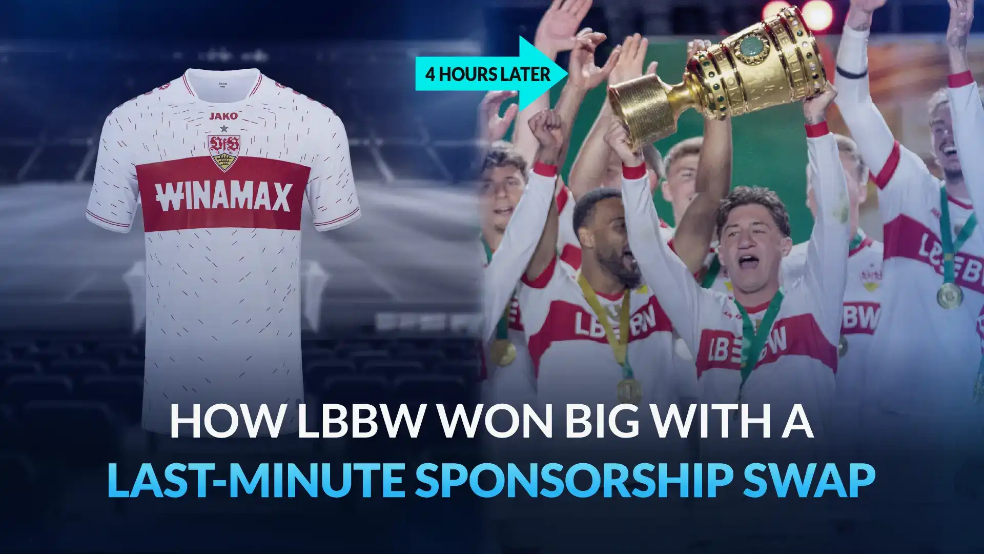 Split image showing VfB Stuttgart’s football shirt before and after a sponsorship change, illustrating how LBBW replaced Winamax hours before the DFB-Pokal final and gained major brand visibility.