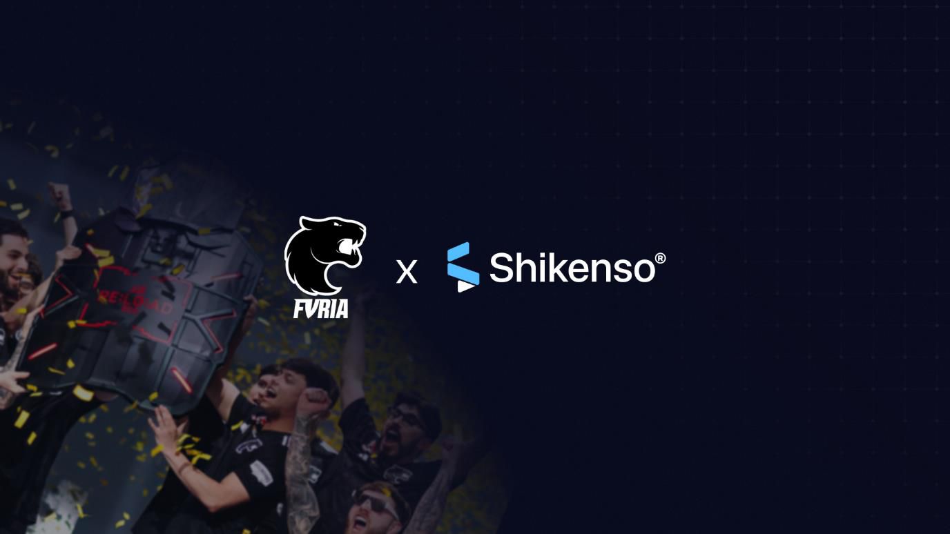Promotional graphic showing a partnership announcement between FURIA Esports and Shikenso. On the left, FURIA players are celebrating with a large trophy while yellow confetti falls. On the right, the FURIA logo (a roaring panther head) appears next to the Shikenso logo and name on a dark background.