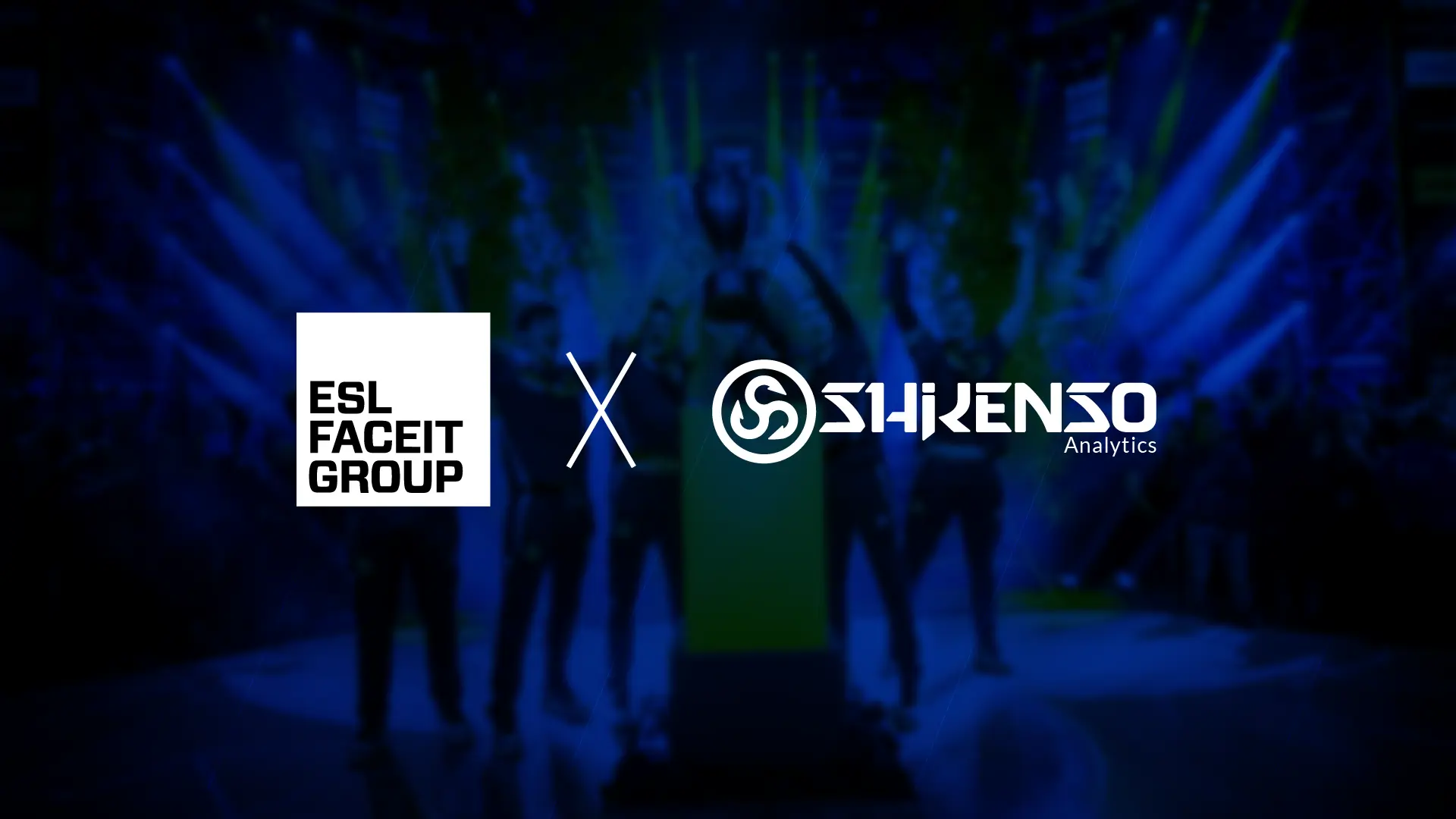 ESL FACEIT Group partners with Shikenso Analytics to enhance esports data insights and audience engagement, featuring both company logos on a blue-lit tournament stage with players celebrating a trophy win.