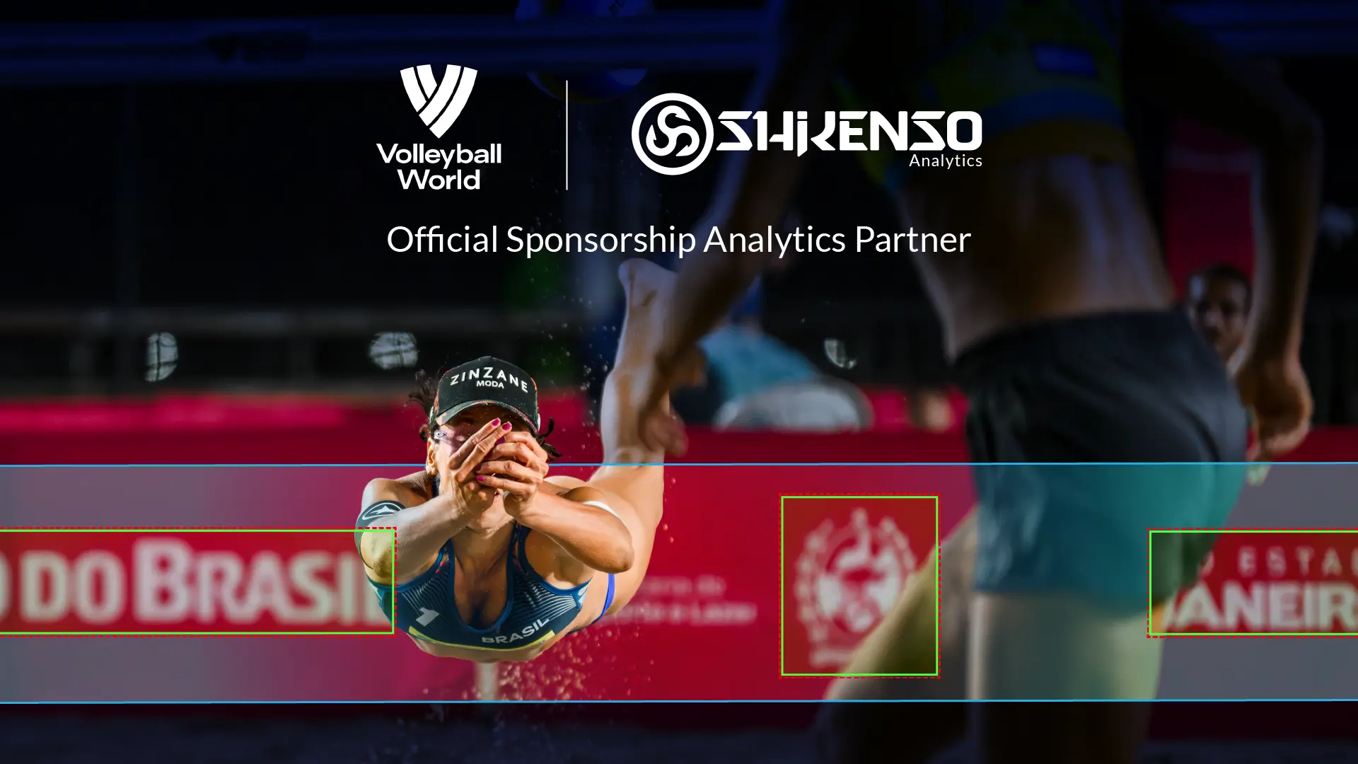 Beach volleyball player diving for the ball during a match, with Volleyball World and Shikenso Analytics logos and the caption ‘Official Sponsorship Analytics Partner’, highlighting AI-powered brand visibility tracking in global volleyball events.