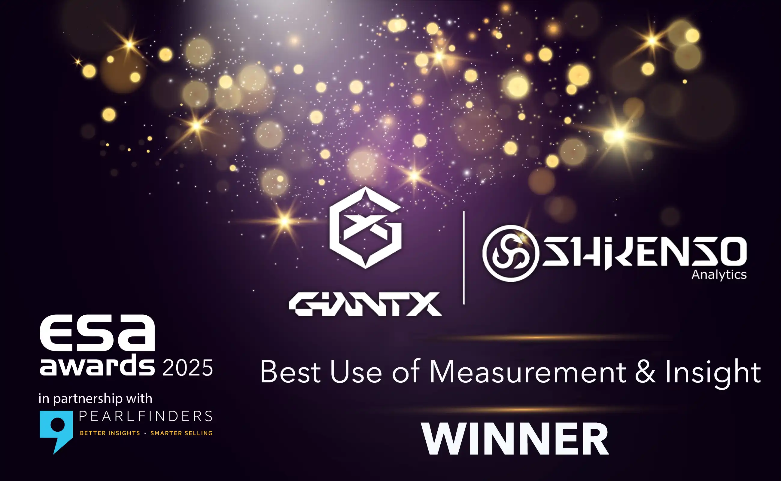 Celebratory award graphic showing logos of GIANTX and Shikenso Analytics with the text ‘ESA Awards 2025 — Best Use of Measurement & Insight — WINNER,’ against a dark purple background with golden sparkles.