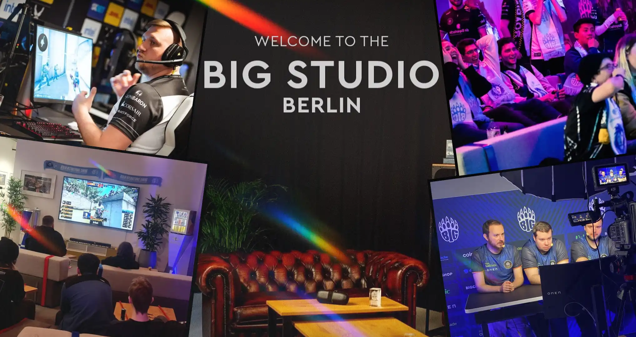 Collage of BIG Studio Berlin showing players competing, fans watching matches, a lounge area and team members recording studio content.
