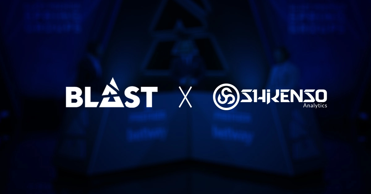 Partnership graphic featuring the BLAST logo on the left and the Shikenso Analytics logo on the right, separated by an 'x', displayed on a dark blue blurred background of an esports stage.
