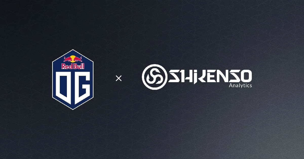 Logos of Red Bull OG and Shikenso Analytics side by side, separated by an 'X', on a dark textured background.
