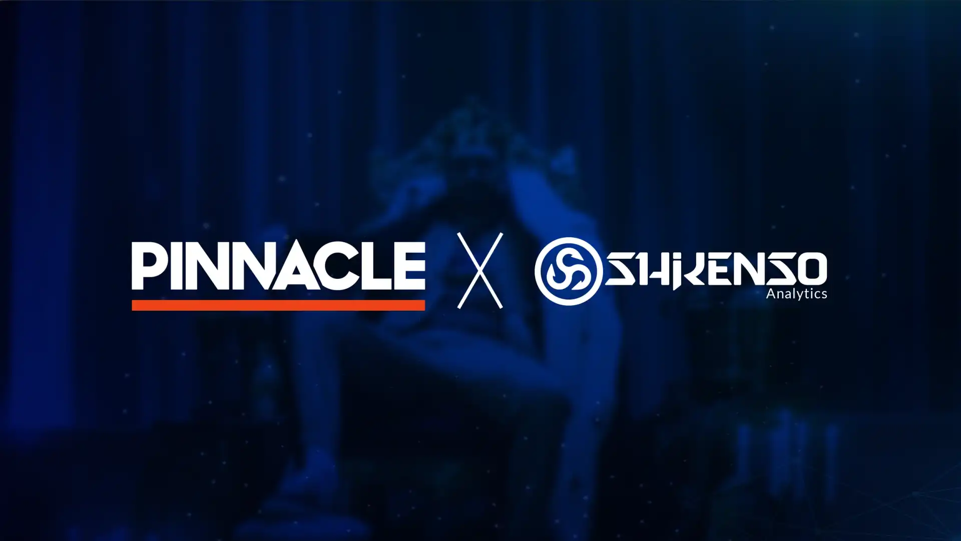 Dark blue background with the Pinnacle logo on the left and the Shikenso Analytics logo on the right, separated by a white 'X' symbol. A faint image of a person wearing a crown is visible in the background