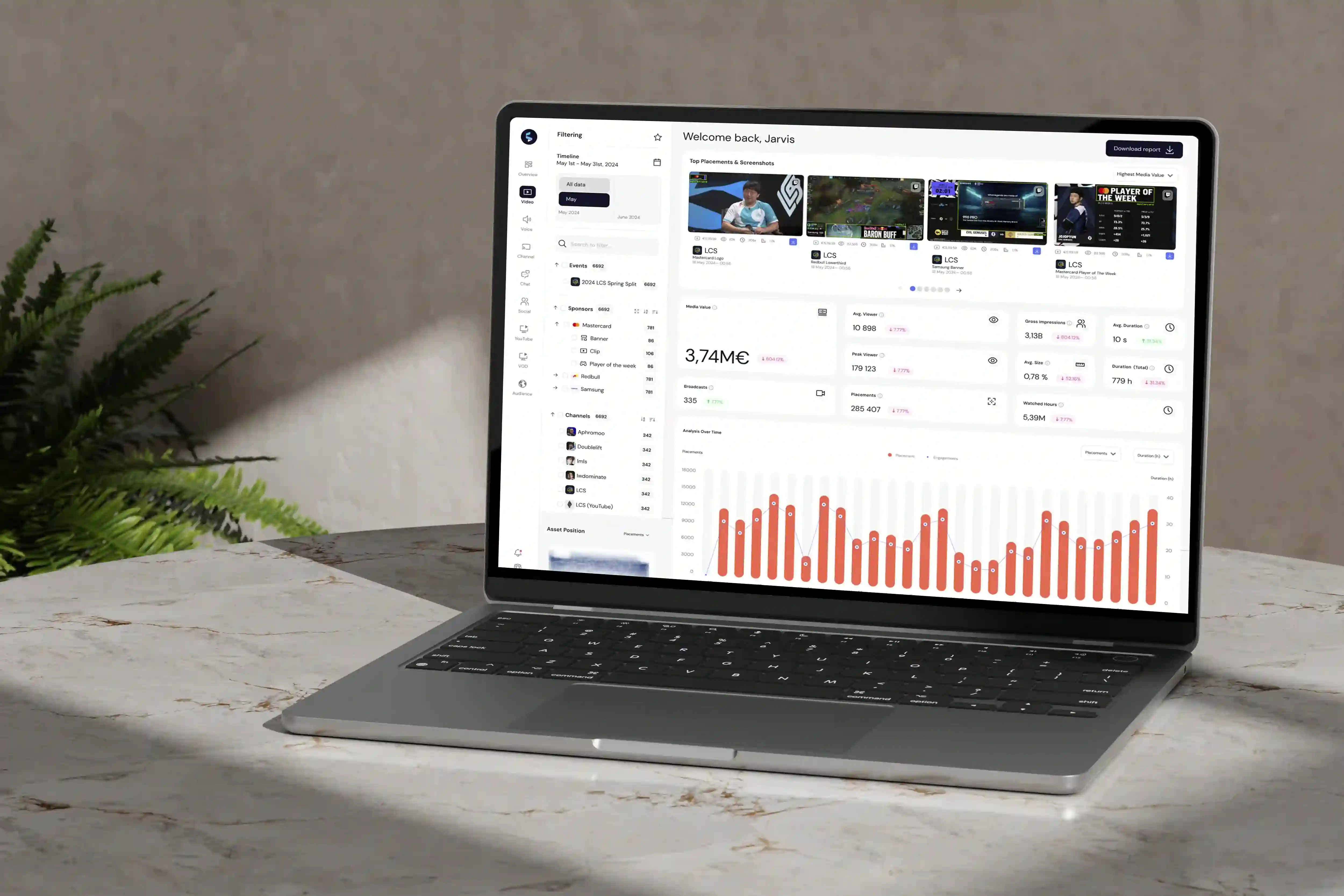 A laptop on a marble table displaying Shikenso’s sponsorship analytics dashboard, featuring detailed metrics, graphs, and media insights powered by AI — used to track brand exposure and performance across esports and streaming events.