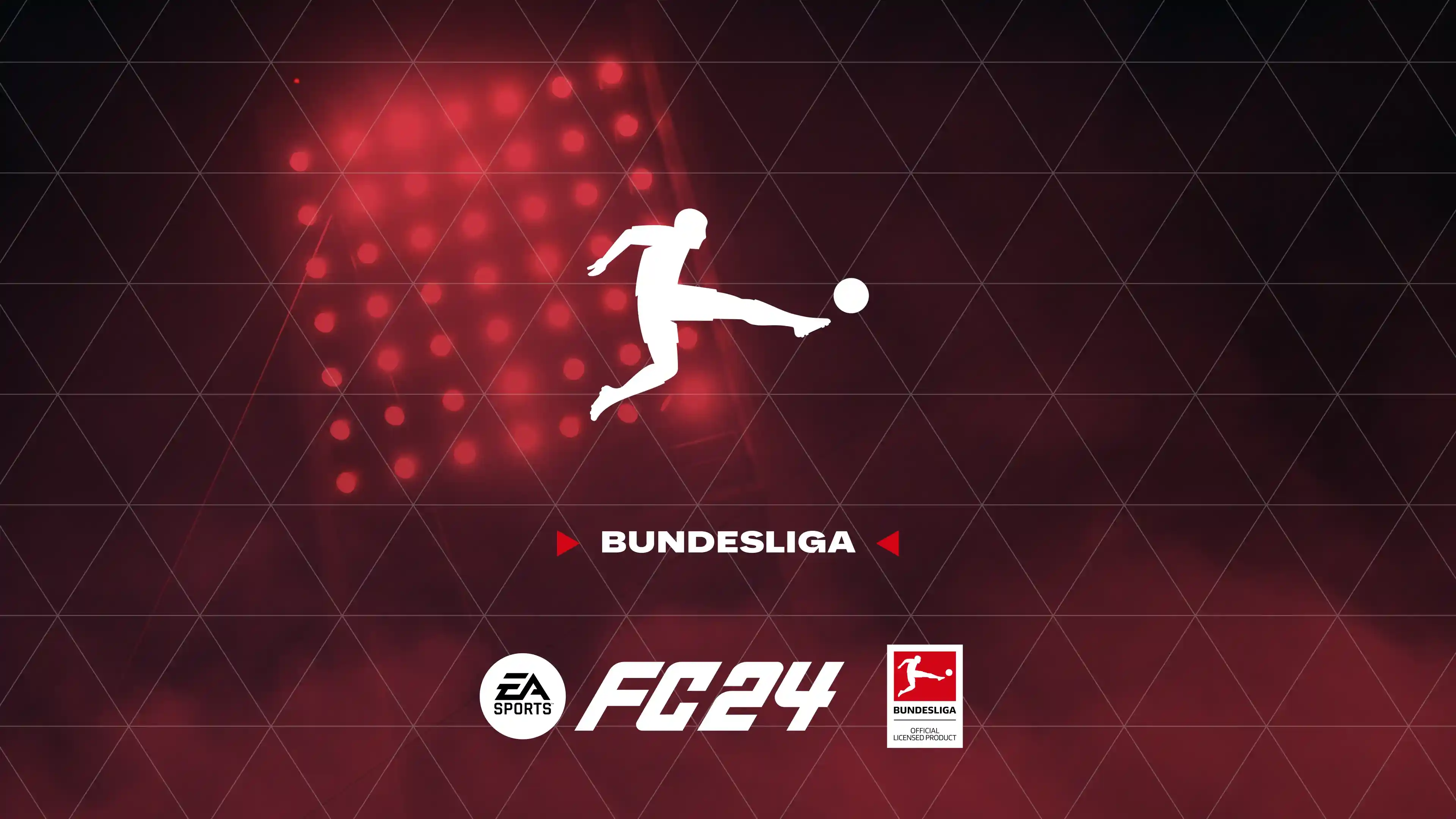 Bundesliga and EA Sports FC 24 official licensed partnership graphic with a red illuminated football silhouette, representing collaboration between professional football and gaming for enhanced fan engagement and brand visibility.