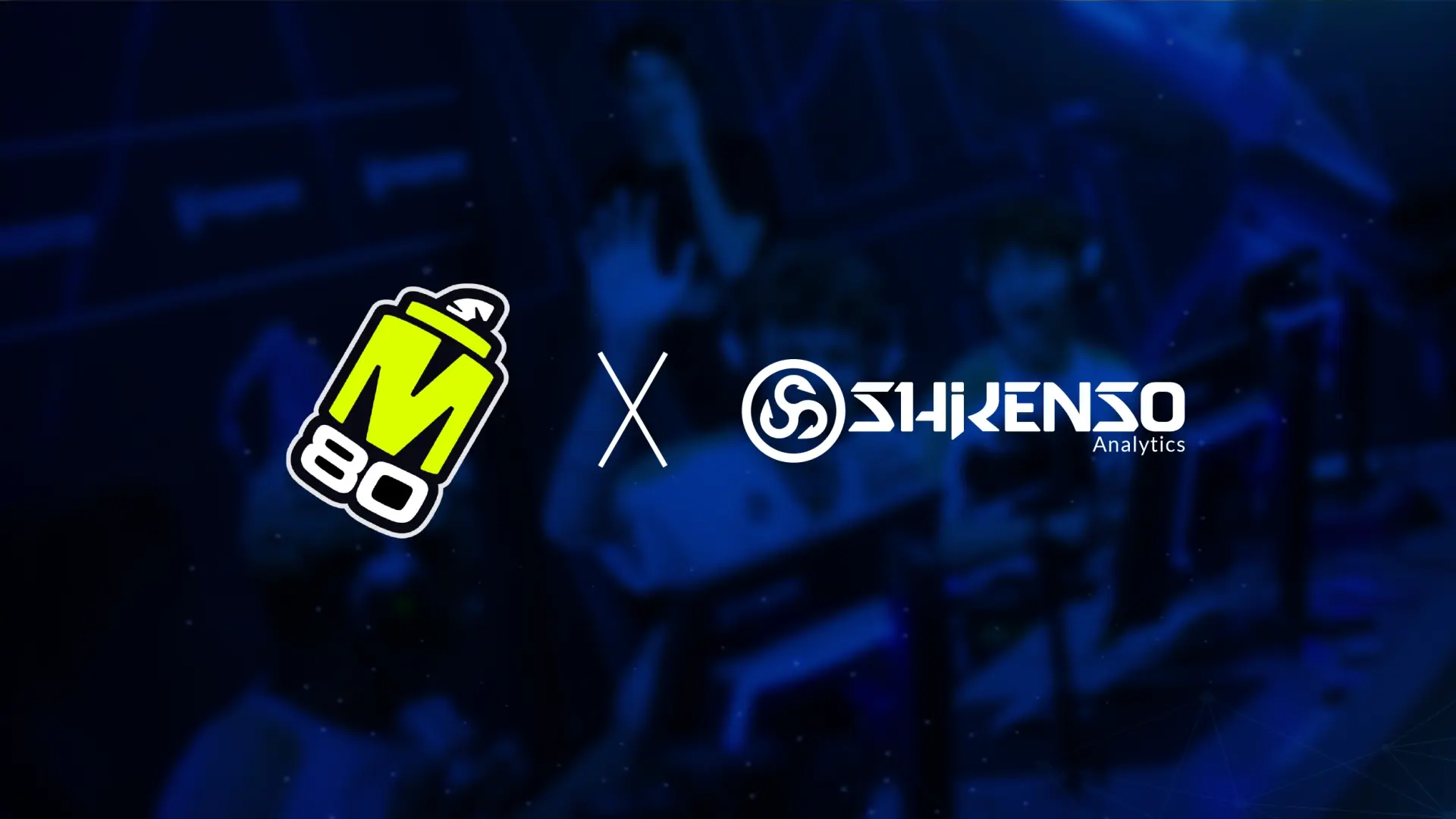 Partnership announcement image showing M80 and Shikenso logos against a blue background with esports players in the scene.
