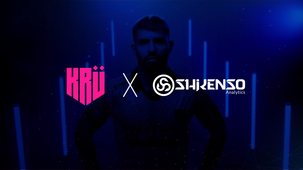 Promotional graphic announcing KRÜ Esports partnership with Shikenso Analytics for sponsorship analysis, featuring KRÜ logo, Shikenso logo, and a dark blue background with a silhouetted player.