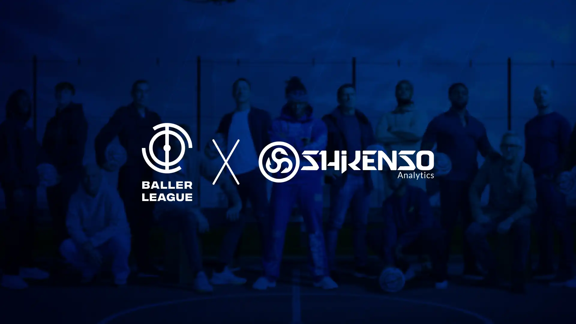 Group of Baller League players standing on an outdoor court with basketballs, alongside the Baller League and Shikenso Analytics logos, announcing a new partnership focused on sponsorship analytics and audience insights.