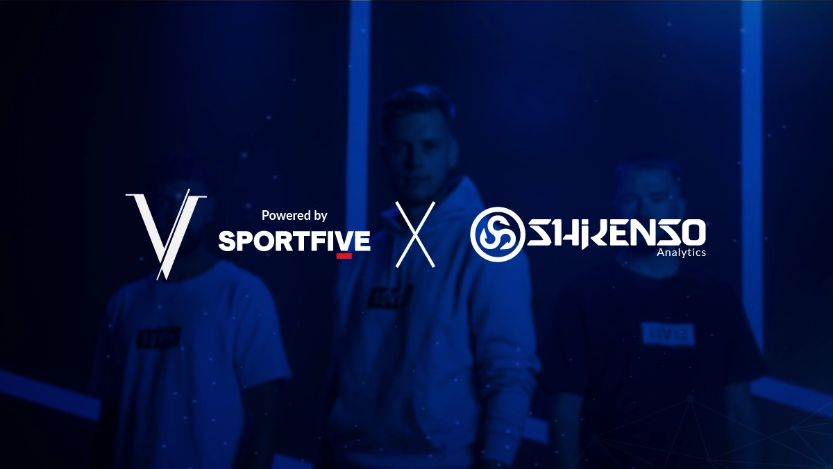 Partnership announcement graphic featuring the logo of V powered by Sportfive on the left and the Shikenso Analytics logo on the right, separated by an 'x'. In the background, three esports players are standing in dim blue lighting, with the central figure wearing a hoodie.