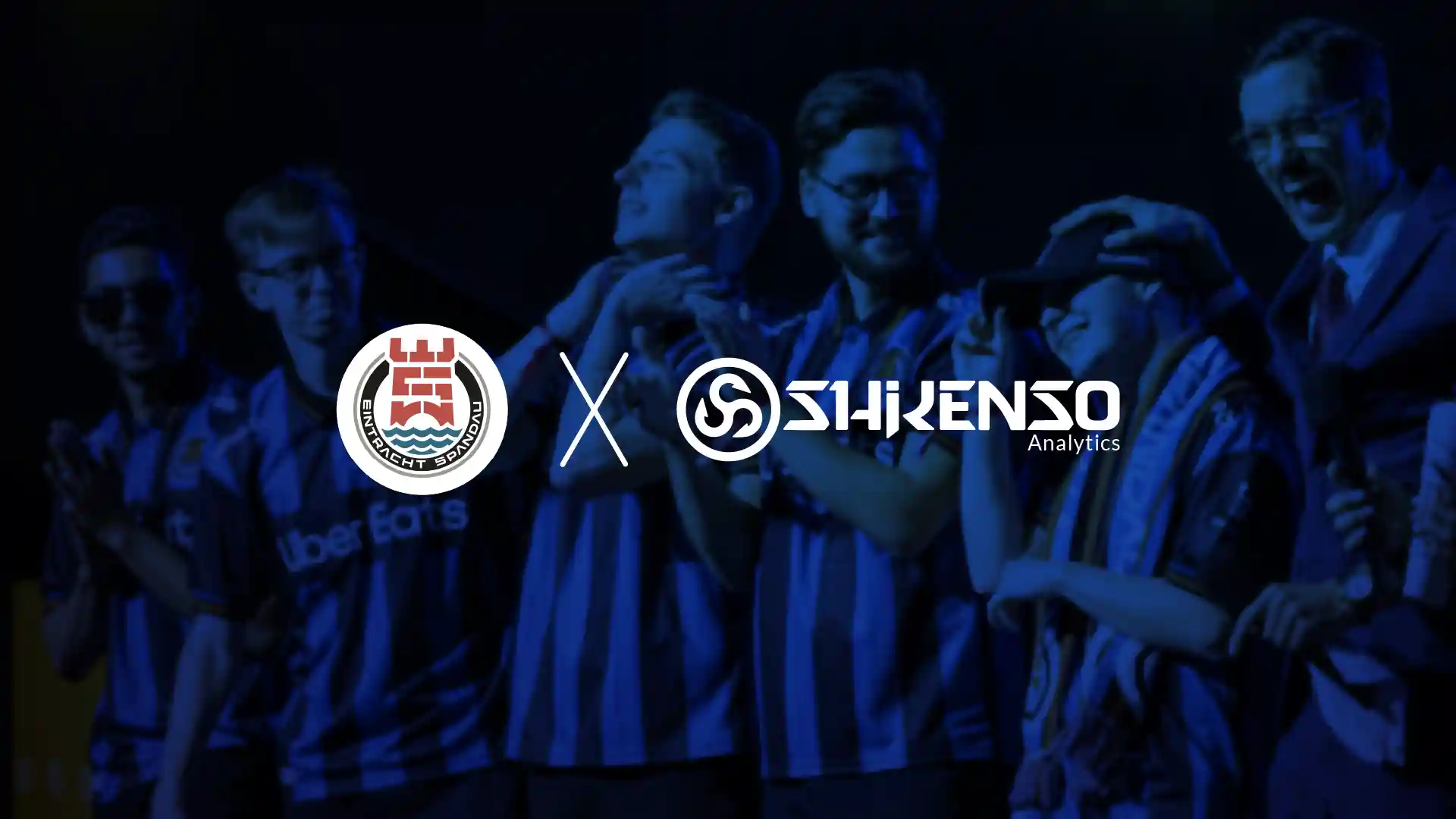 Esports team Eintracht Spandau players standing together in branded jerseys beside the Shikenso Analytics logo, announcing a new partnership focused on sponsorship measurement and fan engagement insights.