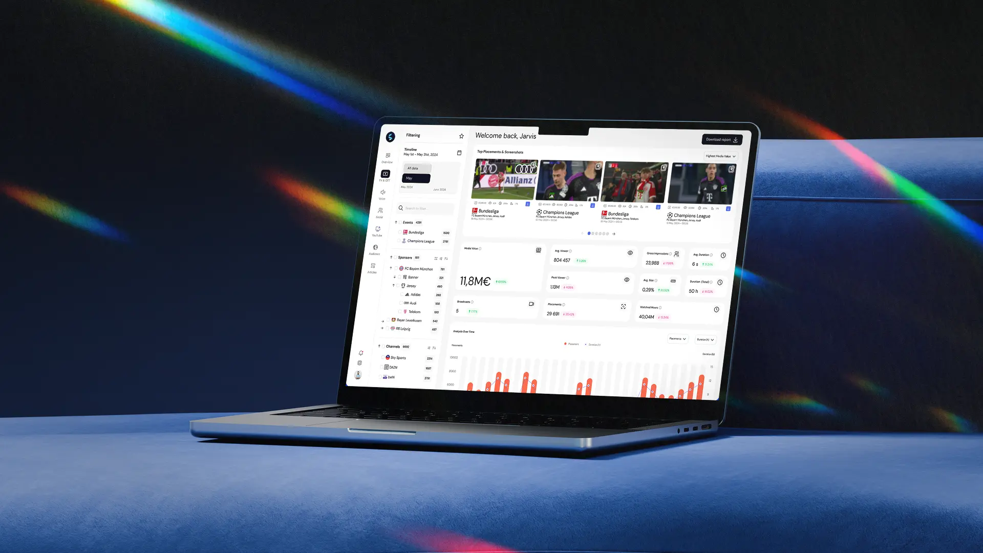 Shikenso sponsorship measurement platform dashboard showing media value, placements and broadcast exposure for Bundesliga and Champions League