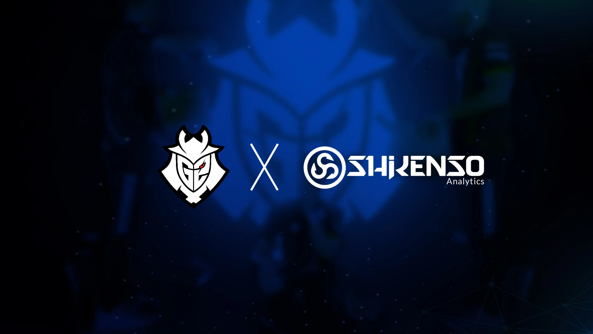 Dark blue background featuring the G2 Esports logo on the left and the Shikenso Analytics logo on the right, separated by a white 'X' symbol.