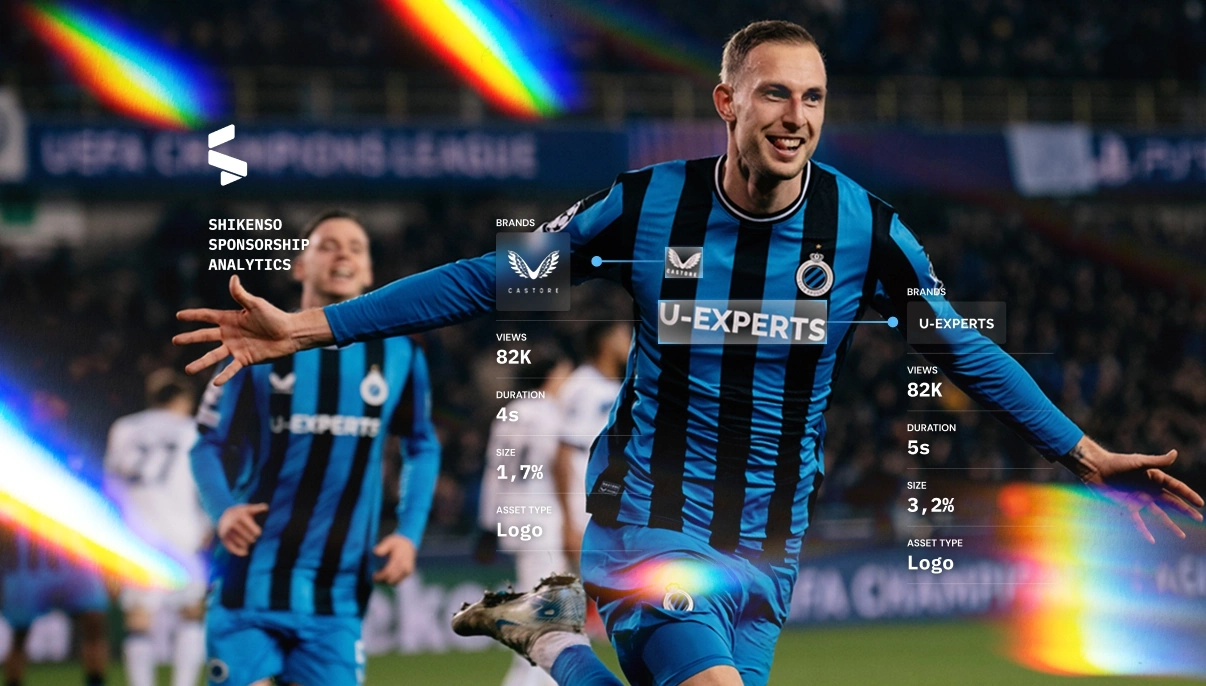 A football player in a blue-and-black striped kit celebrates a goal on the pitch, with digital overlays showing brand logos and analytics such as views, duration, size, and asset type. The graphics illustrate how real-time data is used to evaluate logo exposure and campaign performance, demonstrating the role of advanced technology in modern football sponsorship measurement.