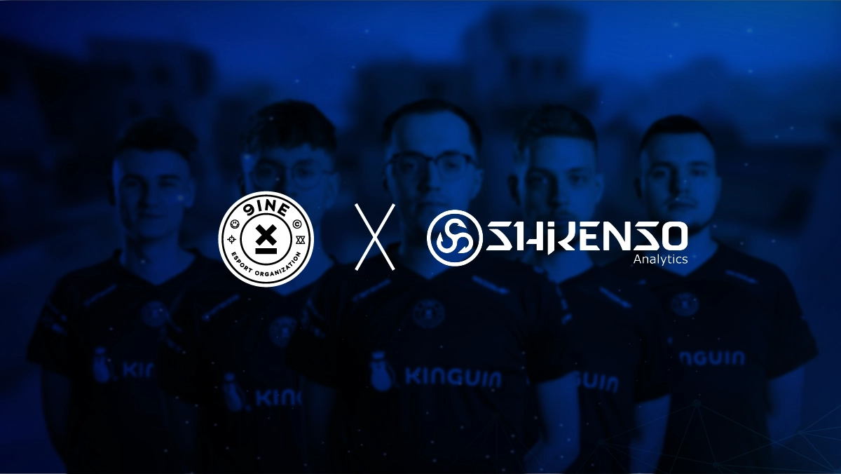 9INE Esports and Shikenso Analytics partnership announcement. Team photo of 9INE players in branded jerseys, highlighting collaboration to leverage AI-driven analytics for advancing esports media marketing strategies.