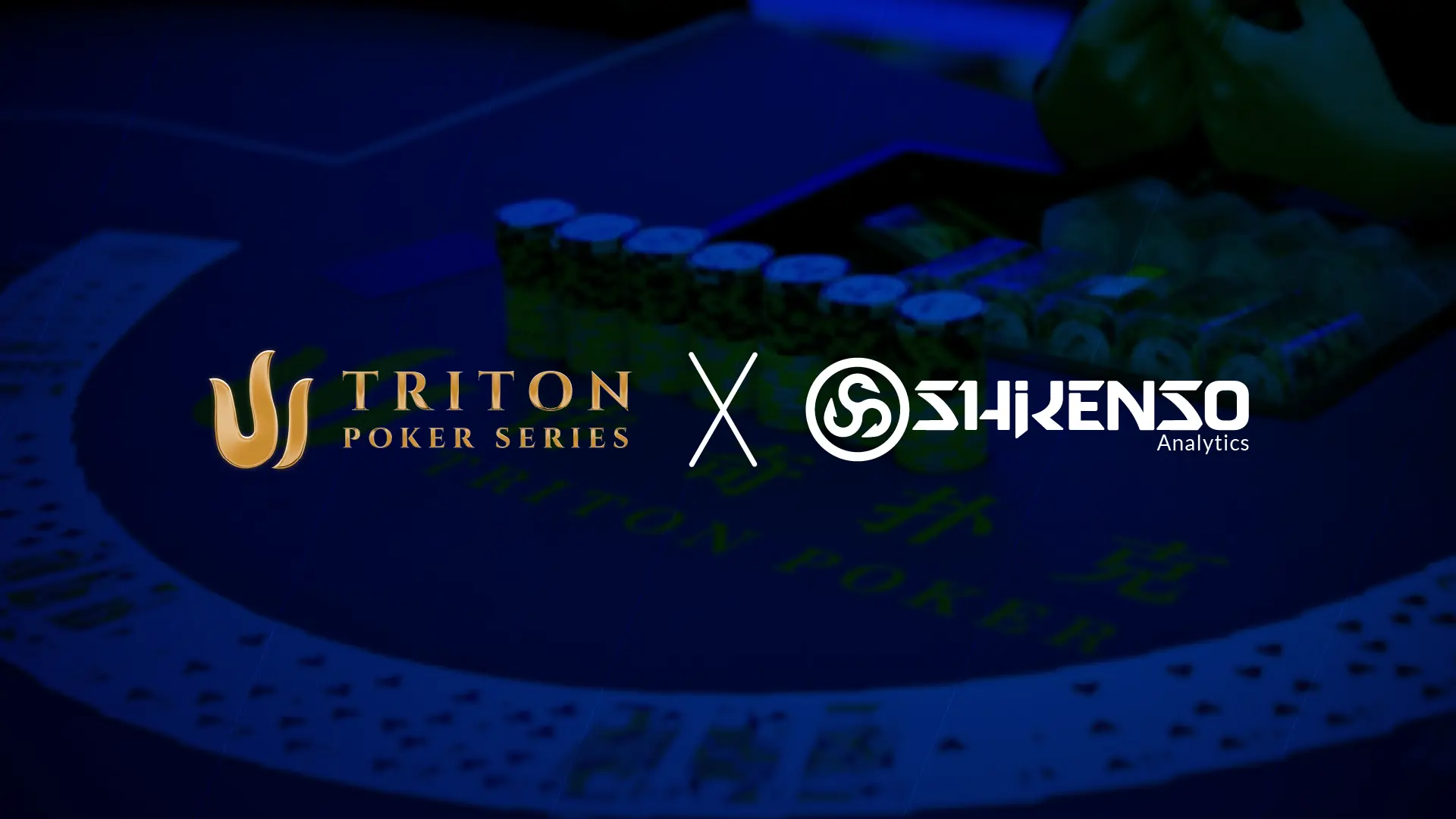Triton Poker Series partners with Shikenso, featuring both company logos over a poker table with chips and cards, symbolising collaboration in data-driven sponsorship analysis and audience measurement in live poker events.