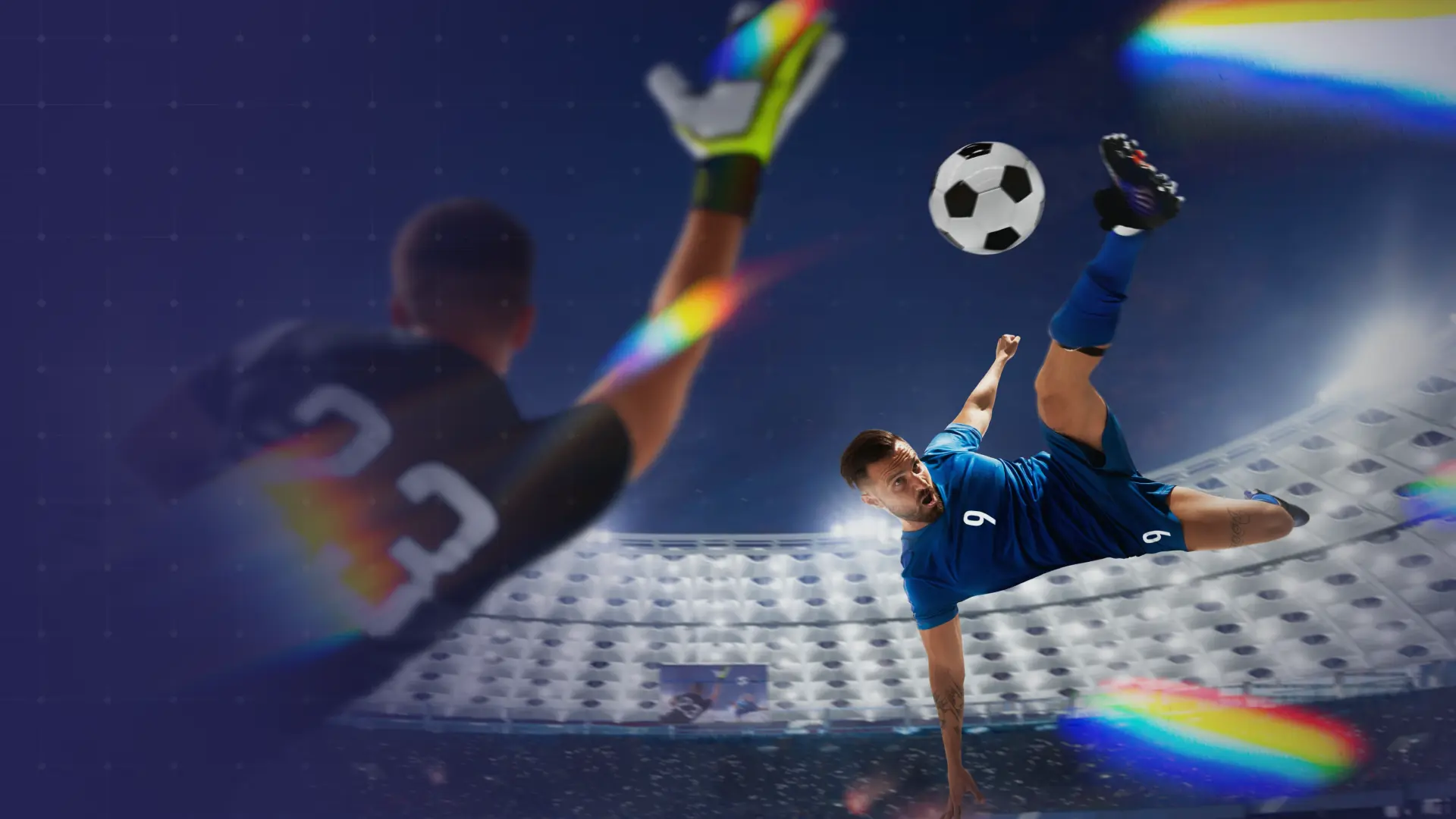 Football match moment with a player performing an overhead kick in a stadium, illustrating how sponsorship intelligence captures high-impact brand exposure during live sports.