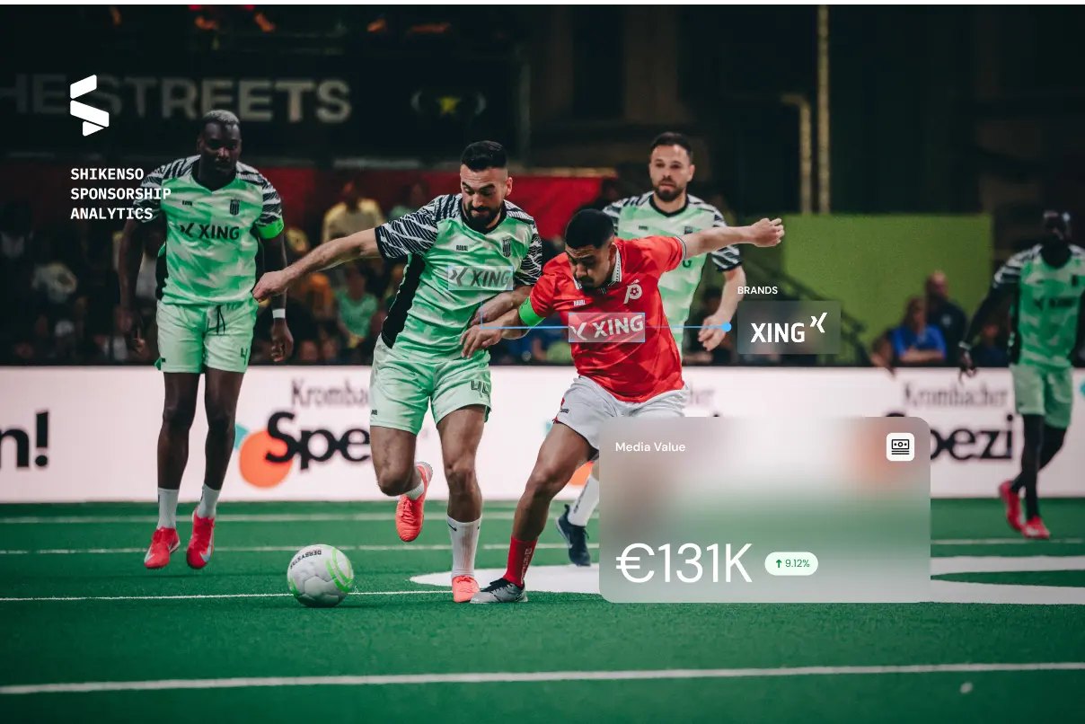 Live football match showing sponsor logos on player kits during active play, with an overlaid analytics card highlighting €131K in media value generated from on-screen brand exposure.