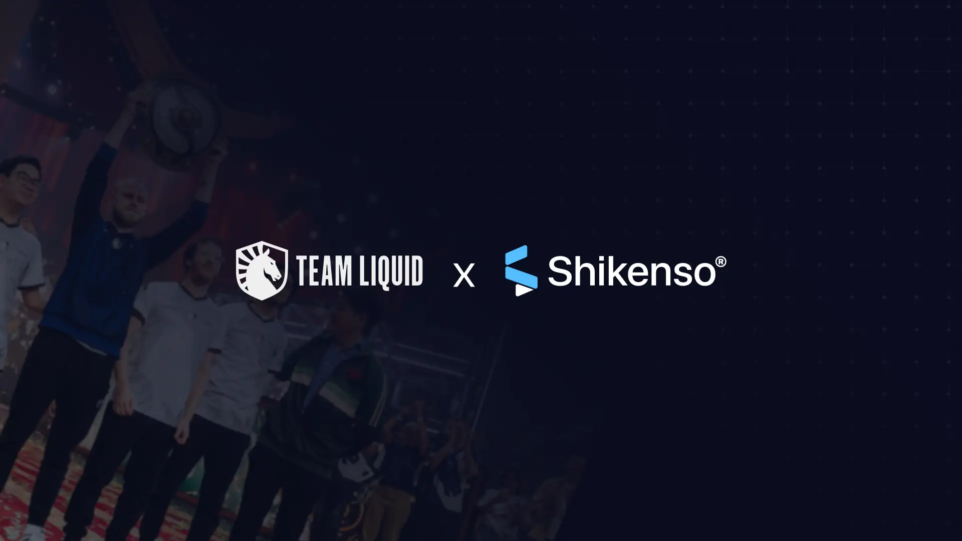 Team Liquid players celebrating on stage with championship trophy, featuring Shikenso branding partnership announcement overlay.