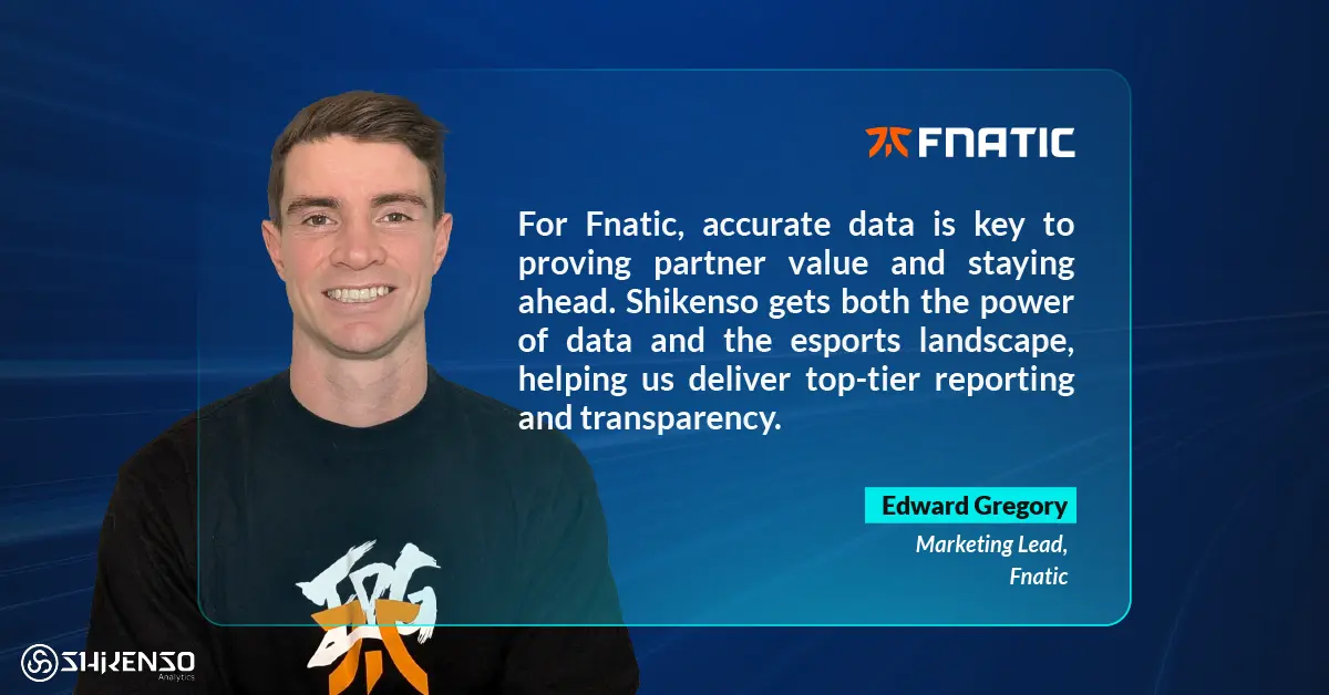Edward Gregory, Marketing Lead at Fnatic, featured alongside a testimonial highlighting the importance of accurate data in esports partnerships, emphasising Fnatic’s collaboration with Shikenso Analytics for transparency and data-driven reporting.